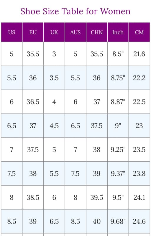 Shoe size conversion chart for women’s footwear across different measurement systems.