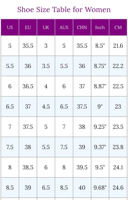 Shoe size conversion chart for women’s footwear across different measurement systems.