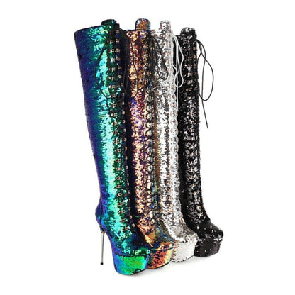 Four glittery, sequined thigh-high boots with stiletto heels in different colors.