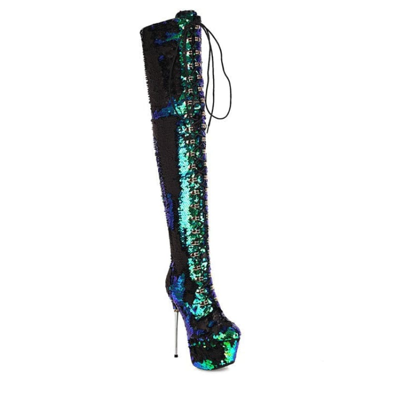 Thigh-high platform boot covered in iridescent green and blue sequins with a stiletto heel.