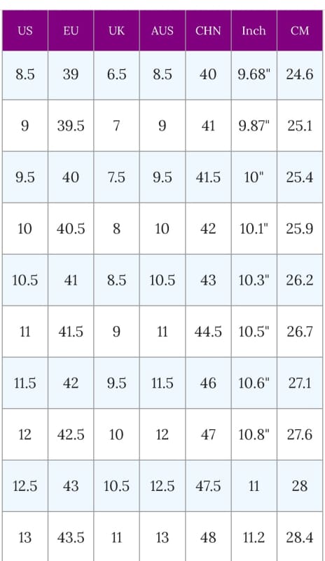 Sizing chart or conversion table for shoe sizes across different regions and measurement systems.