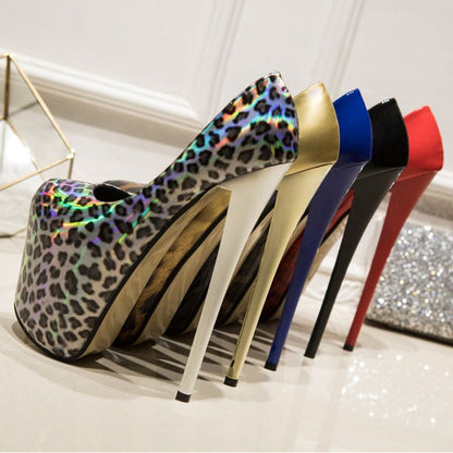 Colorful high-heeled stiletto shoes with extremely tall, thin heels.