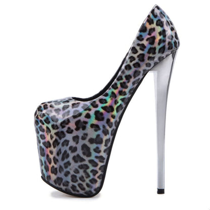 High-heeled platform pump with a colorful leopard print pattern.