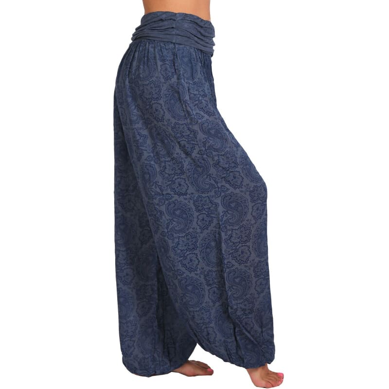 High Waist Printed Long Wide Leg Casual Trousers Royal Blue