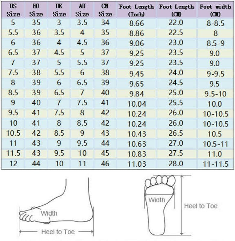 Shoe size conversion chart with foot measurements.