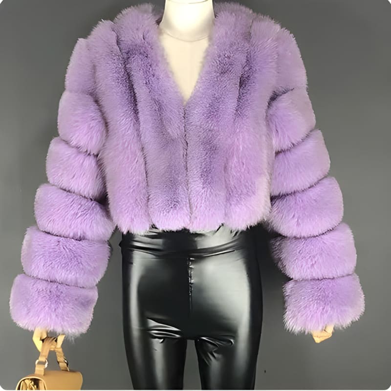 Lavender faux fur coat with a plush, fluffy texture.