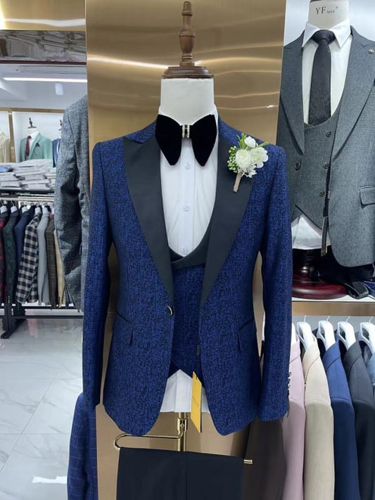 Jacquard Men’s Wedding Casual 3-Piece Suit Set Navy Blue