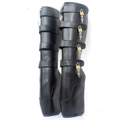 Pair of black knee-high boots with multiple straps and locks.