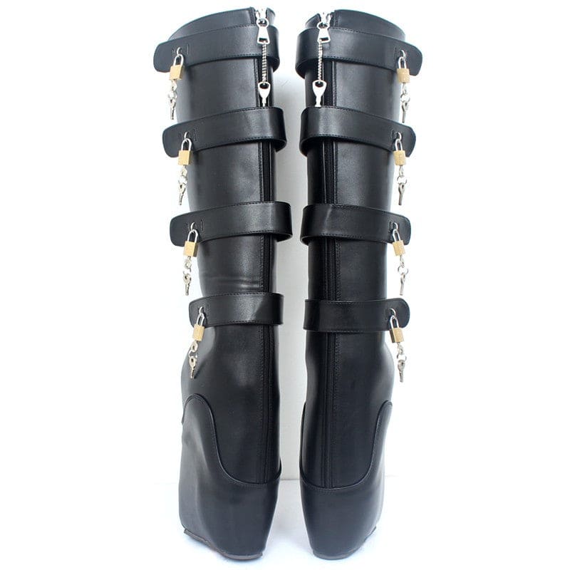 Pair of black leather knee-high boots with multiple buckle straps.