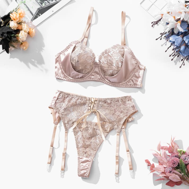 Lace Floral Embroidered Sexy Lingerie Set - Apricot / L
