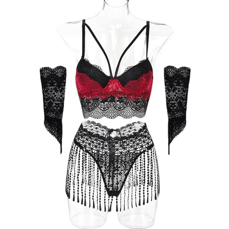 Lace Lingerie Set with Tassel Waist and Sexy Lace Gloves