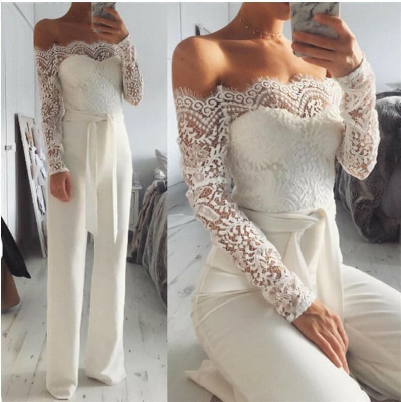 Lace Neckline Arms Butterfly Jumpsuit with Flared Pants