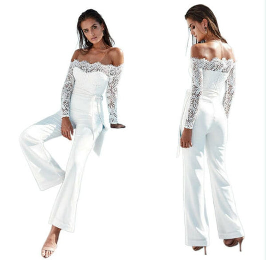 Lace Neckline Arms Butterfly Jumpsuit with Flared Pants