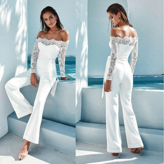 Lace Neckline Arms Butterfly Jumpsuit with Flared Pants