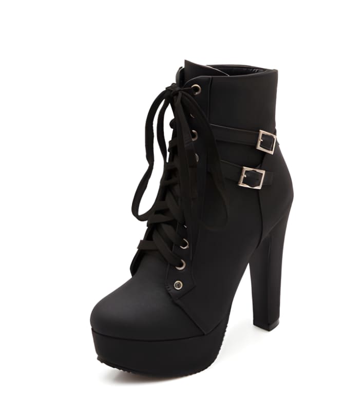 Black high-heeled ankle boot with laces and buckle straps.