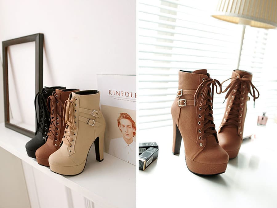 High-heeled ankle boots in various colors and styles.