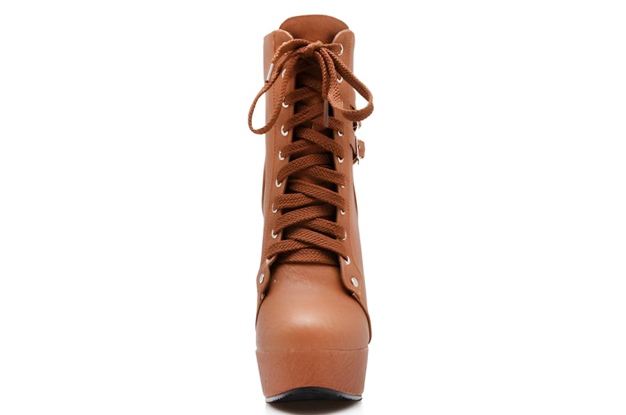 Brown leather platform ankle boot with high heel and lace-up front.