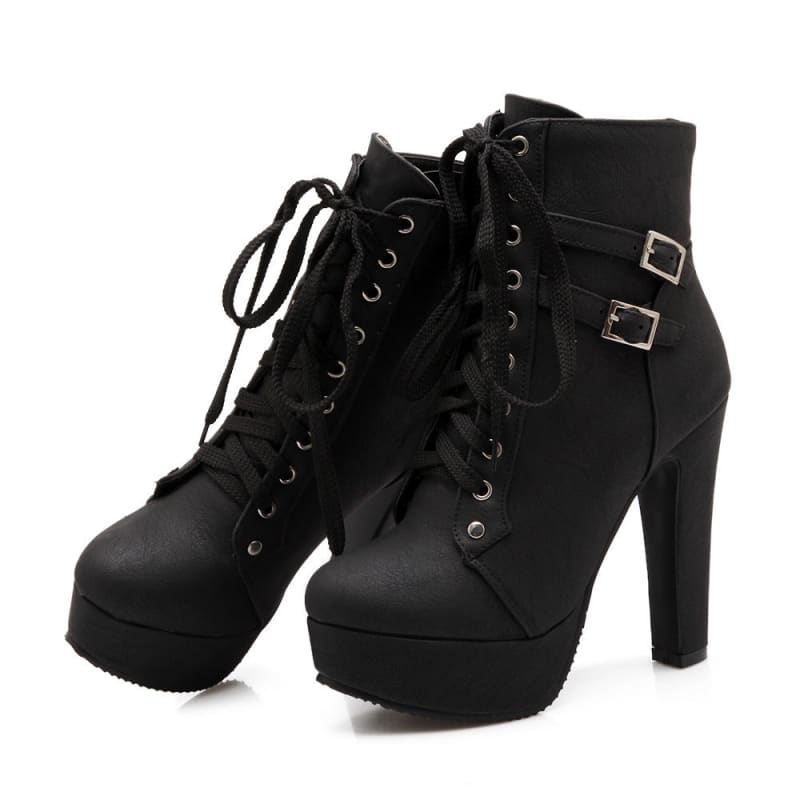 Lace Up Ankle Boots With Buckle Detail and a High Thick Heel, In 3 Colours and extra large Sizes - Pleasures and Sins