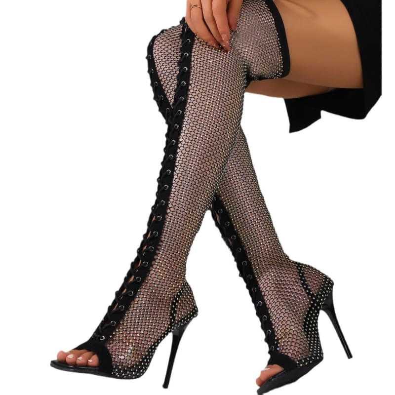 Pointed Toe Sandal Boots Over The Knee | Open Toe Mesh