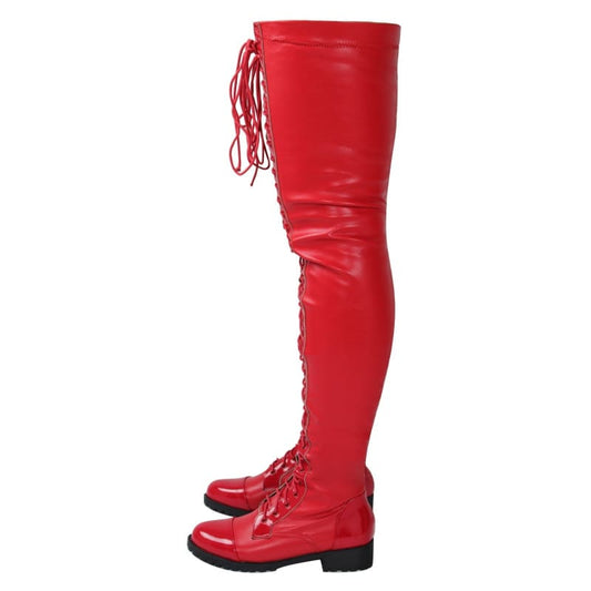 Bright red thigh-high leather boot with laces up the front.