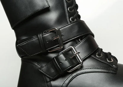 Lace Up Silver Chain High Heel Motorcycle Boots