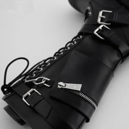 Lace Up Silver Chain High Heel Motorcycle Boots