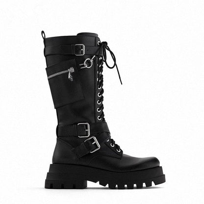 Lace Up Silver Chain High Heel Motorcycle Boots