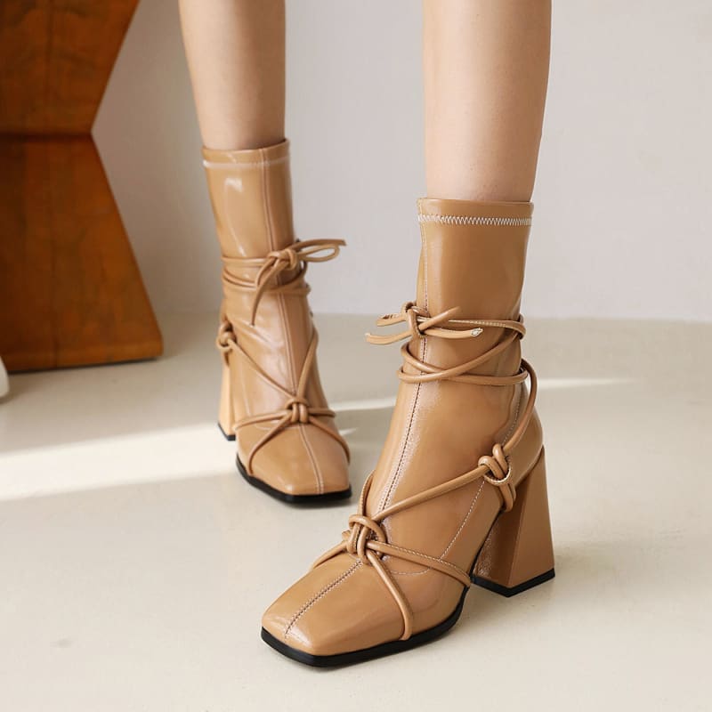 Lace Up Thick Heel Square Head Womens Ankle Boots With Knot