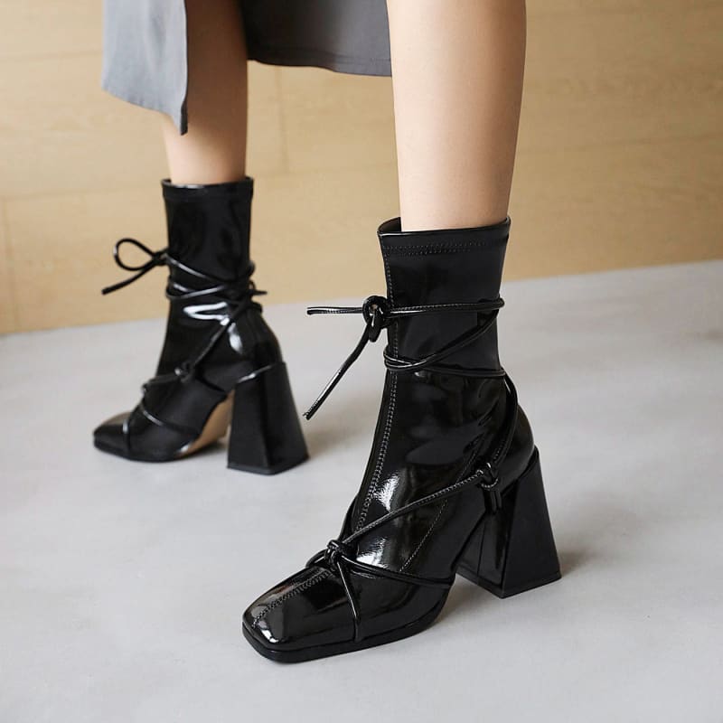 Lace Up Thick Heel Square Head Womens Ankle Boots With Knot