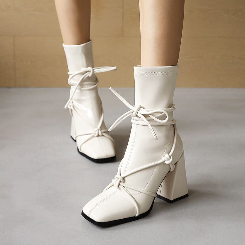 Lace Up Thick Heel Square Head Womens Ankle Boots With Knot