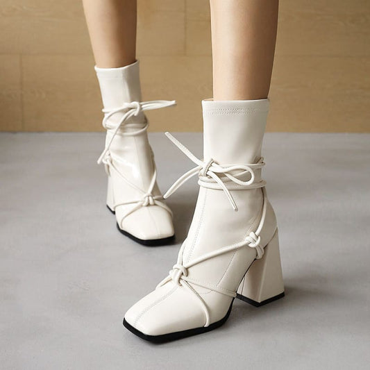 Lace Up Thick High Heel Square Head Women’s Ankle Boots