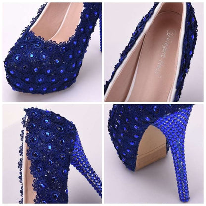 Pair of high-heeled shoes adorned with deep blue sequins and crystals.