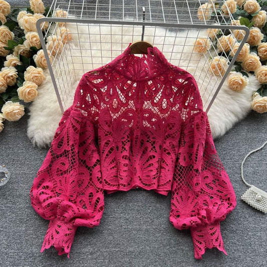 Lacey Baggy Sexy Short Top with Bubble Sleeves Rose red