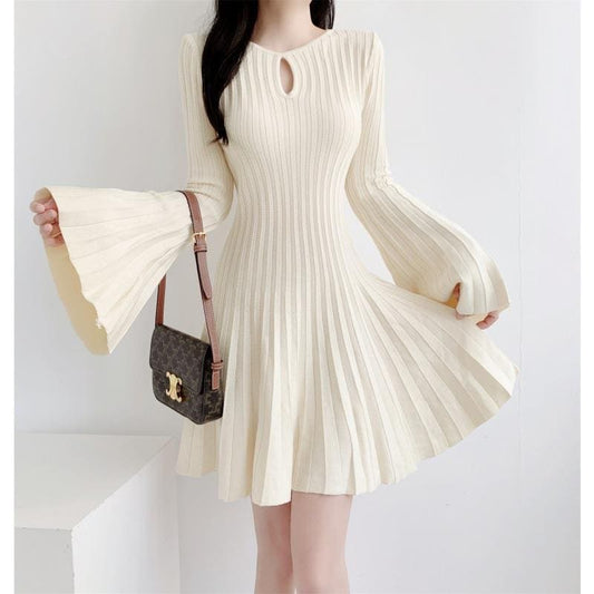 Ladies Bat Wing Knitted Dress with A-Line Pleats