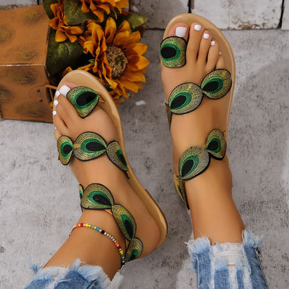 Ladies Peacock Pattern Embroidered Flat Summer Sandals