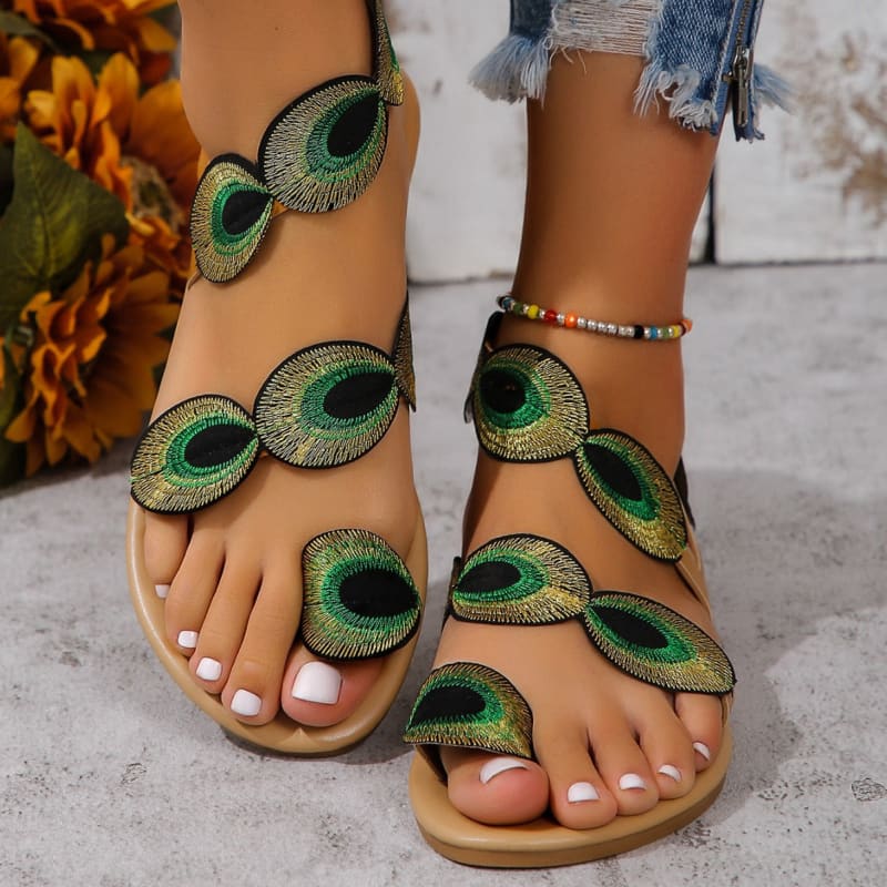 Ladies Peacock Pattern Embroidered Flat Summer Sandals