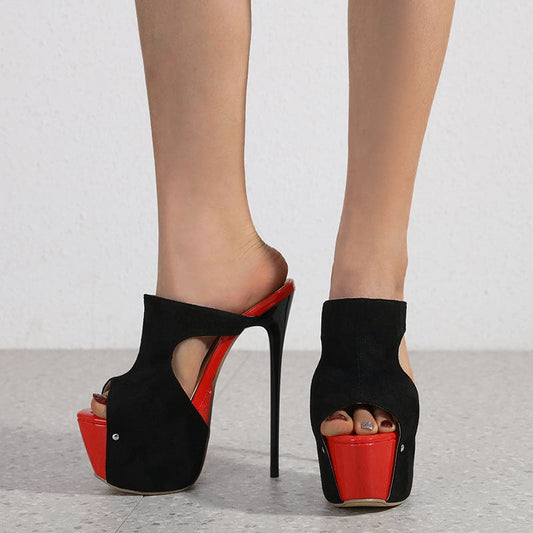 Ladies Black And Red Colour Block Peep Toe High Heel