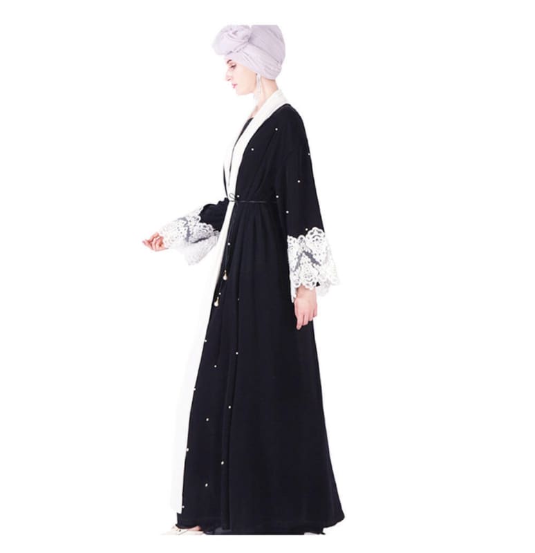 Ladies Black Beaded Muslim Robe with Lace Cuffs