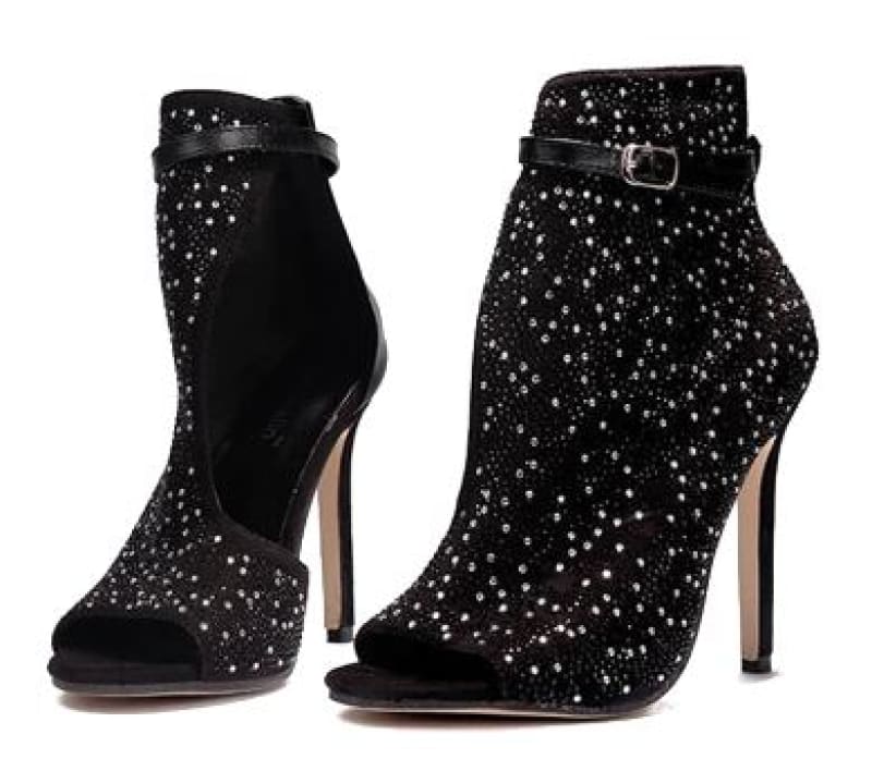 Ladies Black Peep-toe Rhinestone High Heel Shoes - Pleasures and Sins   Pleasures and Sins