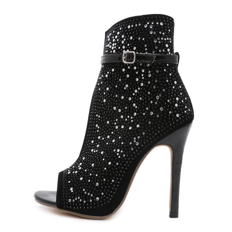 Ladies Black Peep-toe Rhinestone High Heel Shoes - Pleasures and Sins   Pleasures and Sins