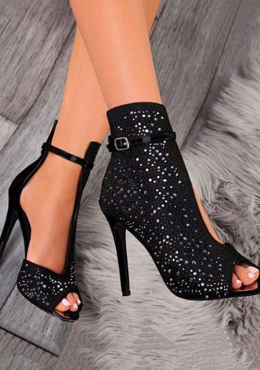 Ladies Black Peep-Toe Rhinestone High Heel Shoes