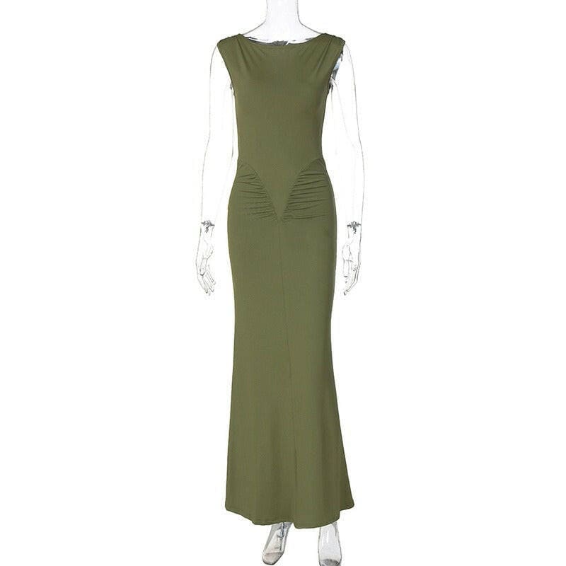 Ladies Bodycon Fashion Pleated Short Sleeved Dress Green / S