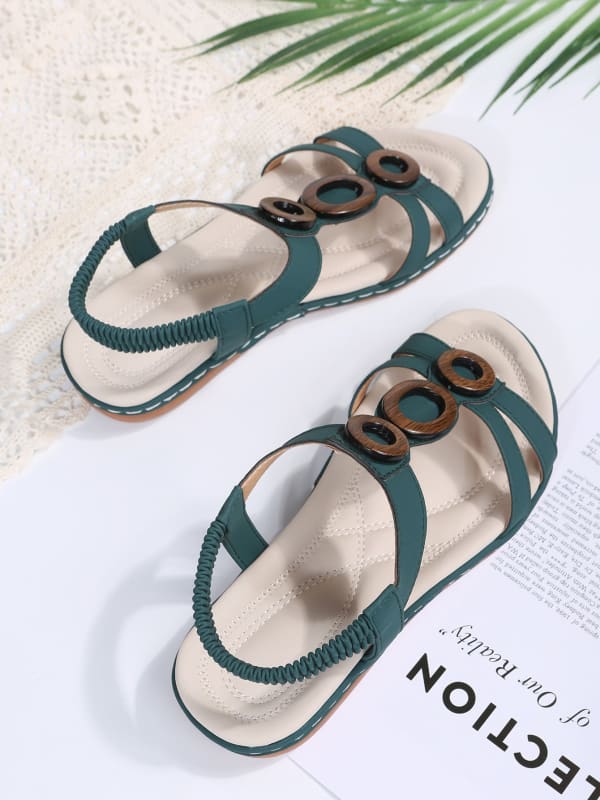 Ladies Bohemian Design Wooden Ring Detail Open Toe Ankle