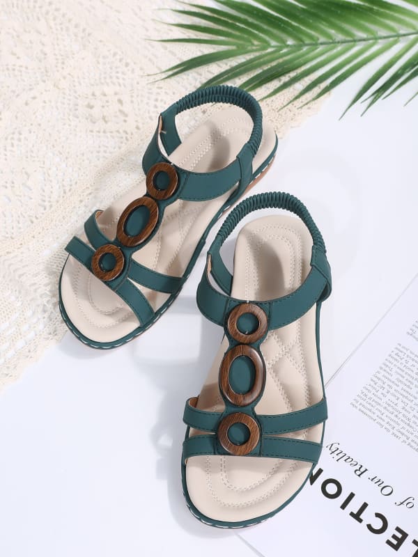 Ladies Bohemian Design Wooden Ring Detail Open Toe Ankle
