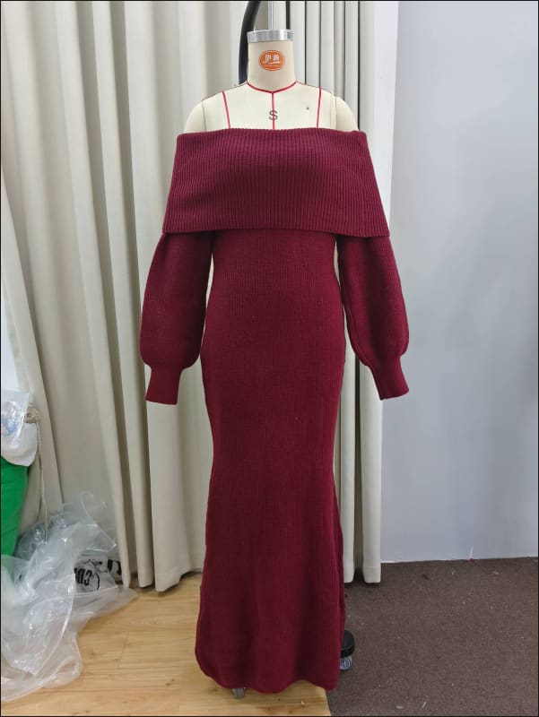 Ladies Burgundy Off-Shoulder Long Dress for Elegance dark