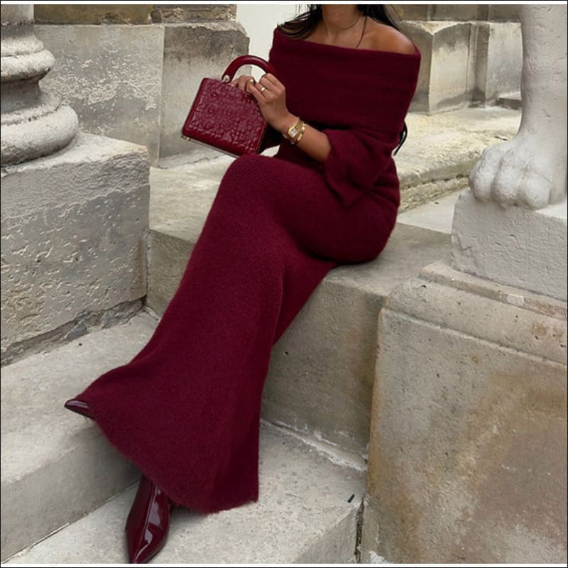 Ladies Burgundy Off-Shoulder Long Dress for Elegance