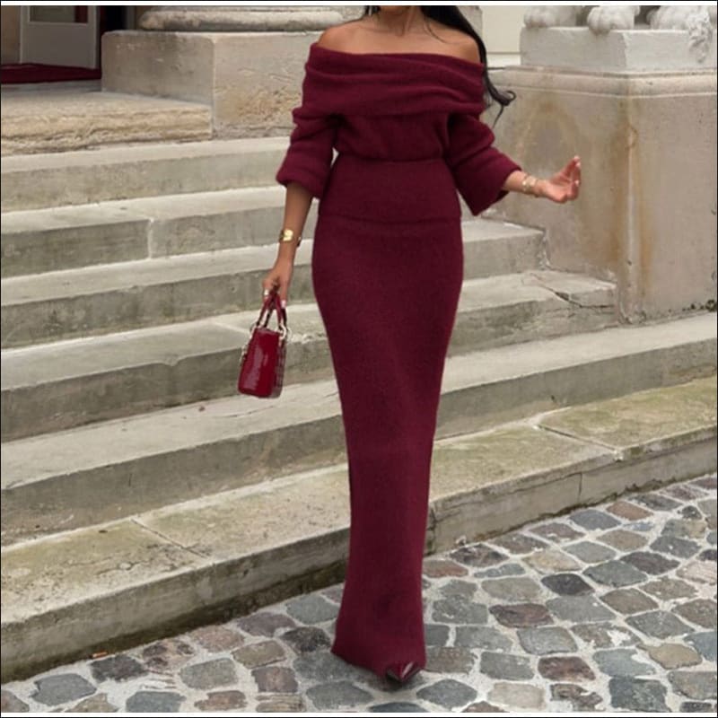 Ladies Burgundy Off-Shoulder Long Dress for Elegance