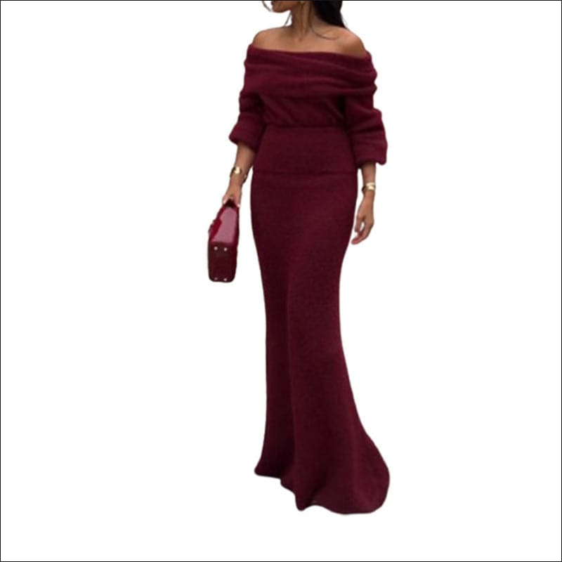 Ladies Burgundy Off-Shoulder Long Dress for Elegance