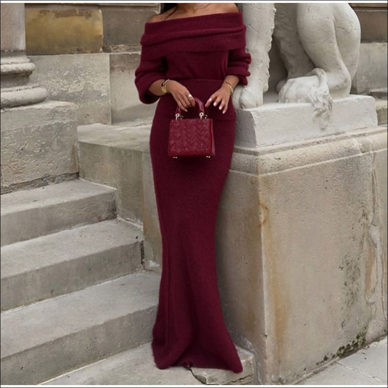 Ladies Burgundy Off-Shoulder Long Dress for Elegance