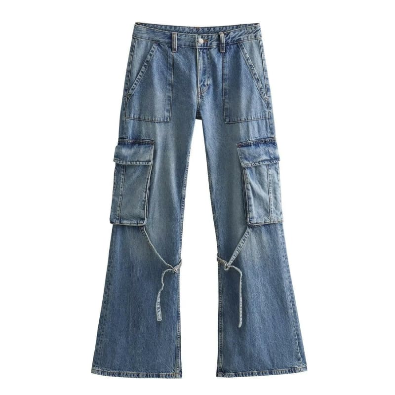 Ladies Casual High Waist Denim Wide Leg Cargo Trousers blue